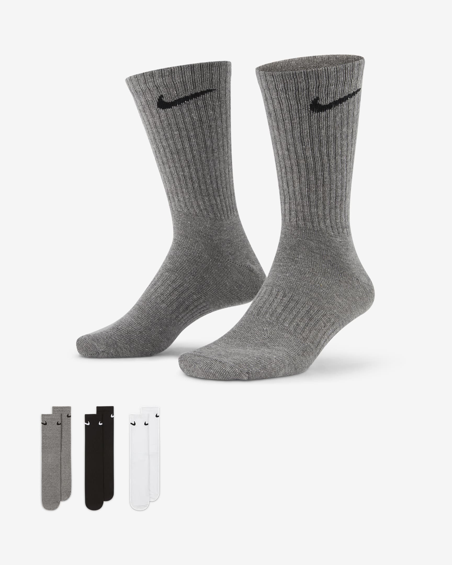 The image displays a pair of men's Nike training socks featuring a moisture-wicking design and cushioned areas for added comfort.