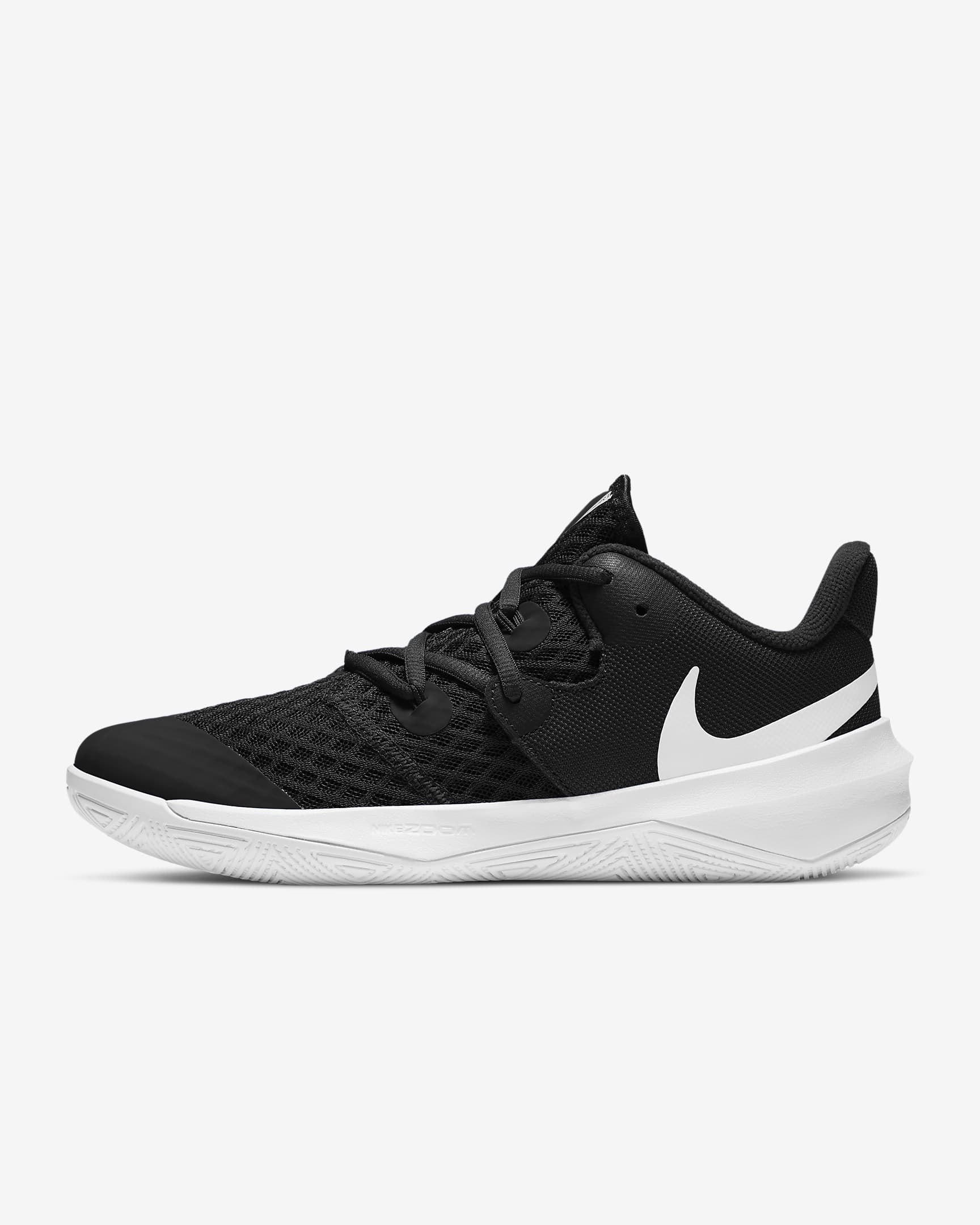 A side-angle view of Nike Zoom Hyperspeed Court women's indoor footwear showcasing the breathable upper Zoom Air cushioning and durable outsole designed for court agility placed on a clean background.