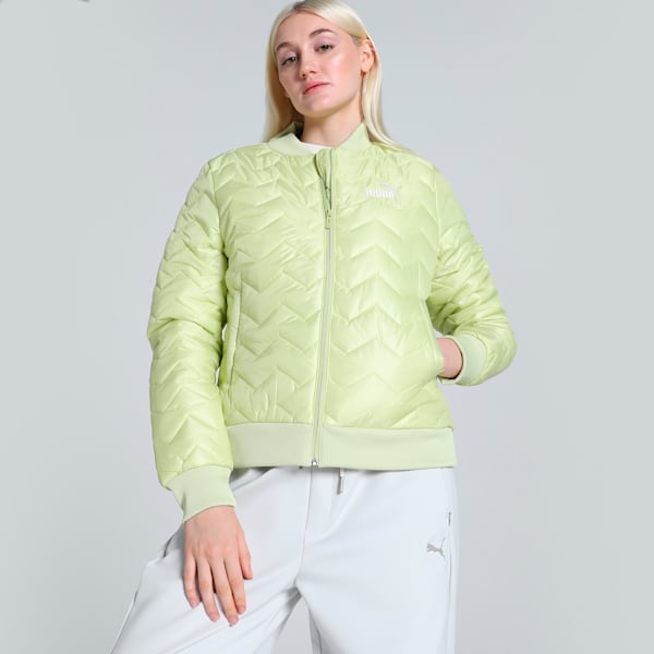 Front view of PUMA Women's Winter Jacket, showcasing the insulated fabric, modern design, and signature PUMA logo for a sleek and stylish winter look.