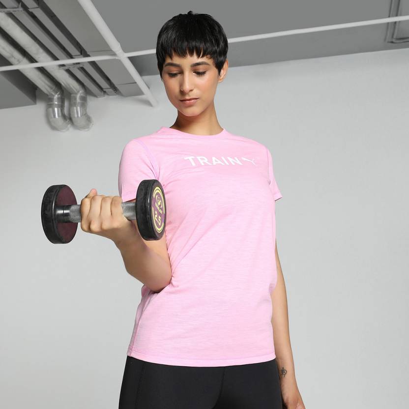 Front view of PUMA Women's Training Crew, showcasing the soft fabric, relaxed fit, ribbed cuffs, and signature PUMA logo, ideal for both workouts and casual wear.