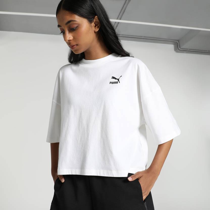 Front view of PUMA Women's Crew, showcasing the relaxed fit, soft fabric, and signature PUMA logo for a stylish and comfortable casual look.