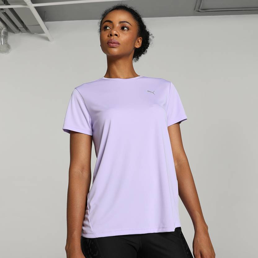 Front view of PUMA Women's Running Crew, showcasing the breathable fabric, relaxed fit, and signature PUMA logo for a comfortable, stylish activewear look.