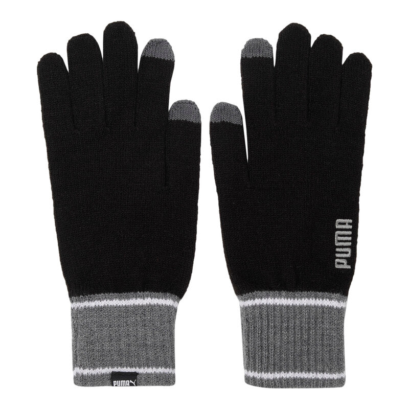 Close-up view of PUMA Men's Leisure Gloves, showcasing the soft fabric, snug fit, and signature PUMA logo, designed for warmth and style during colder weather.