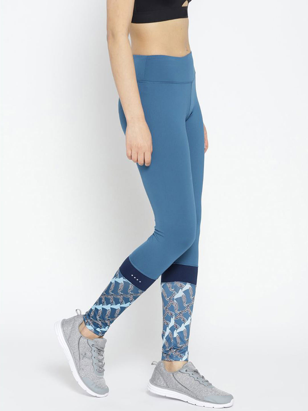 Alcis Women's Teal Blue Solid Running Tights with Printed Detail-WLGAW1751