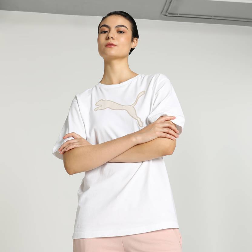 Front view of PUMA Women's Crew, showcasing the relaxed fit, soft fabric, and signature PUMA logo for a stylish and comfortable casual look.